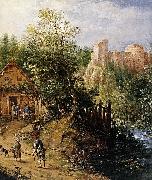 Pieter van Gunst Mountain Valley with Inn and Castle painting